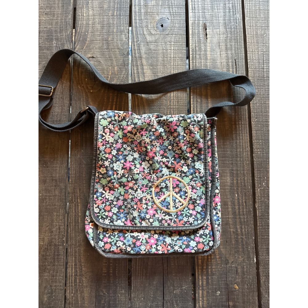 Bongo Floral Canvas Crossbody Messenger Bag Peace Sign Boho Y2K Multi-Color